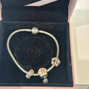 Pandora Silver and Gold Charm Bracelet with Barrel Clasp